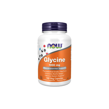 A bottle of Now Foods Glycine 1000 mg 100 Veg Capsules dietary supplement with benefits listed, including neurotransmitter support and promoting healthy sleep.